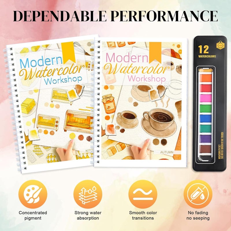 apolyone Watercolor Workbooks- 2 Pack Beginner Workbooks with 24 Coloring Book Pages - 12 Color blocks and a Brush - Watercolor Paper 300gsm/140lb - Gift for Women, Adults, Beginners (Autumn & Kitchen) - Image 4